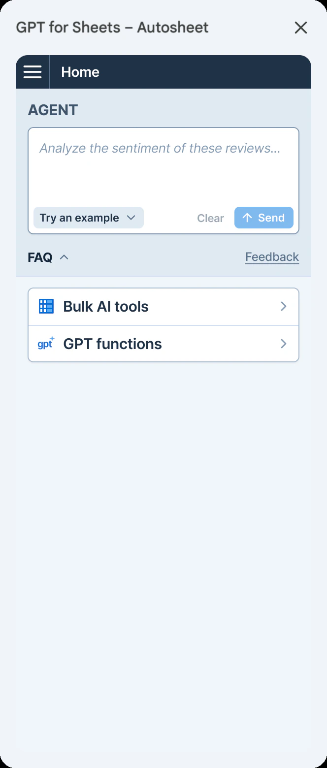 GPT for Sheets – Autosheet Agent prompt box with shortcuts to bulk AI tools and GPT functions