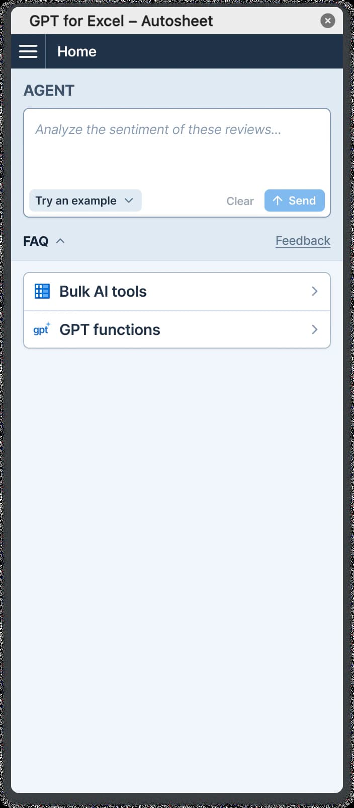 GPT for Excel – Autosheet Agent prompt box with shortcuts to bulk AI tools and GPT functions