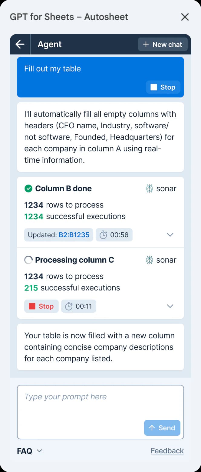 GPT for Sheets – Autosheet Agent processing 1,234 company-research rows across spreadsheet columns