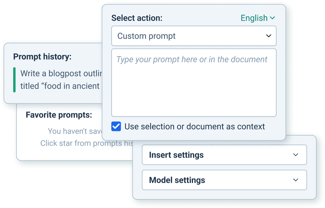 GPT for Docs prompt, history, favorites, insert settings, and model settings panels
