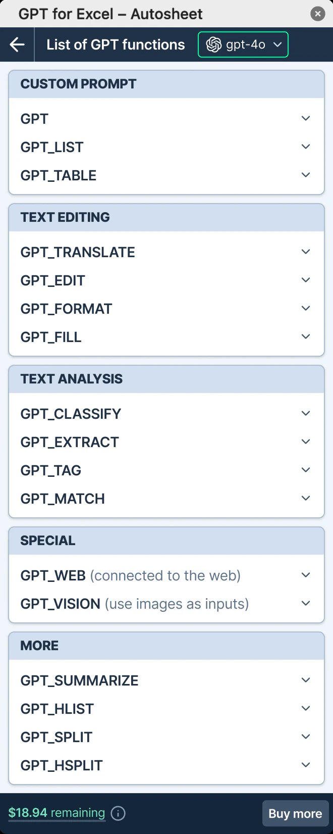 GPT for Excel – Autosheet sidebar listing custom, editing, analysis, web, and vision functions