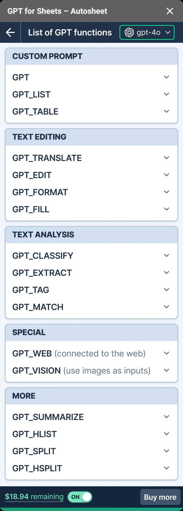 GPT for Sheets – Autosheet sidebar listing custom, editing, analysis, web, and vision functions