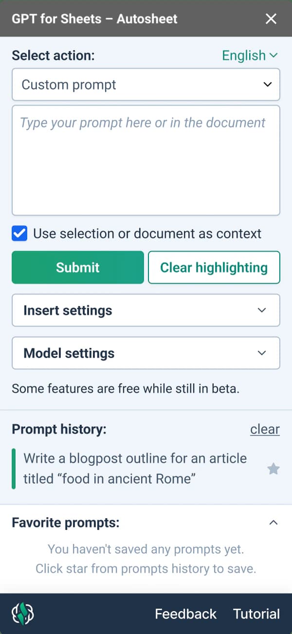 GPT for Docs sidebar with prompt, document context, insert settings, model settings, and prompt history