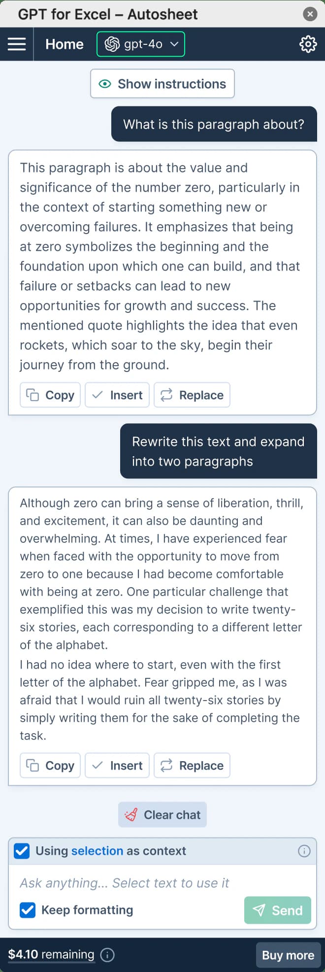 GPT for Word sidebar summarizing and rewriting selected document text with insert and replace controls