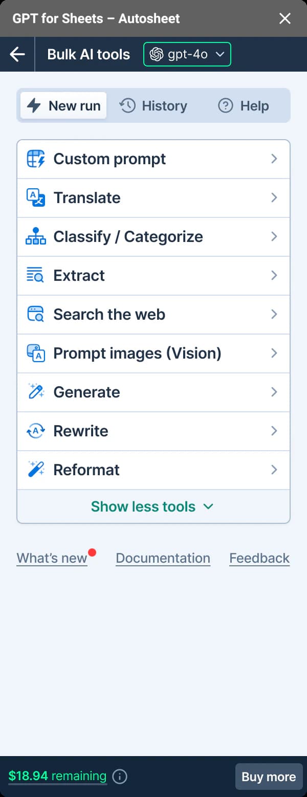 GPT for Sheets – Autosheet bulk AI tools menu for prompting, translating, classifying, searching, and rewriting