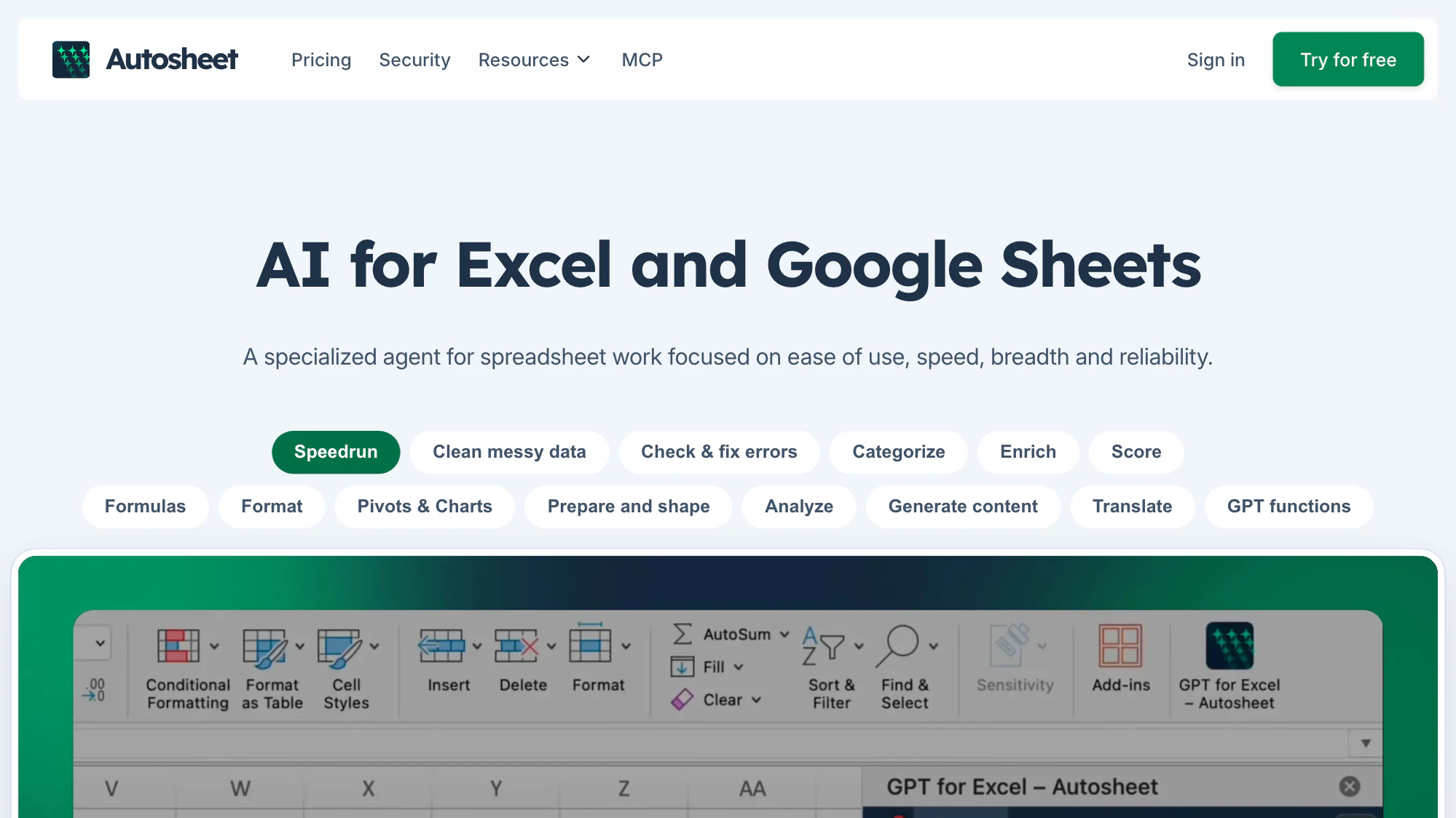 Autosheet homepage presenting the AI agent for Excel and Sheets