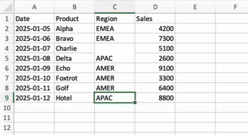 Starting Excel table with merged Region cells