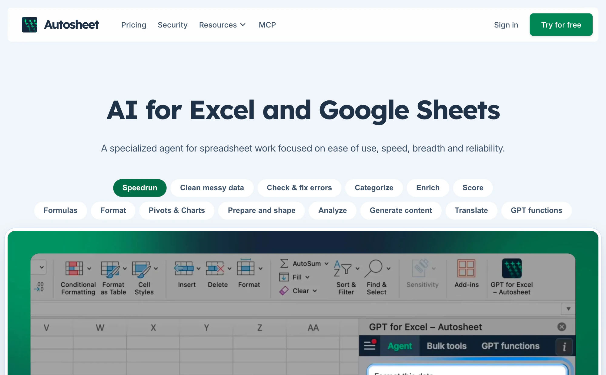 Autosheet homepage showing the AI agent panel open beside a spreadsheet in Excel