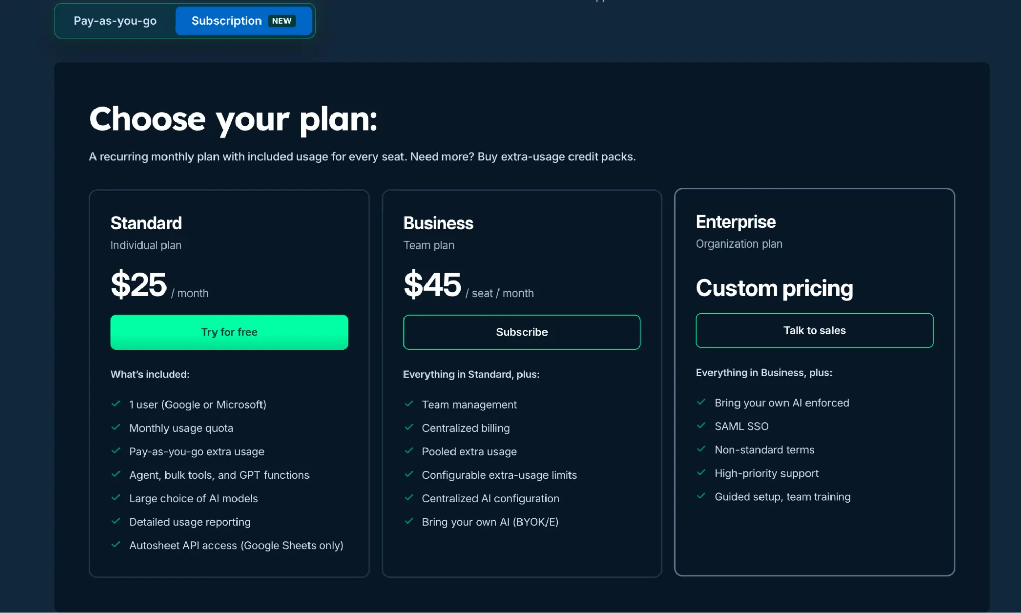 Autosheet pricing page showing the Standard, Business, and Enterprise subscription plans