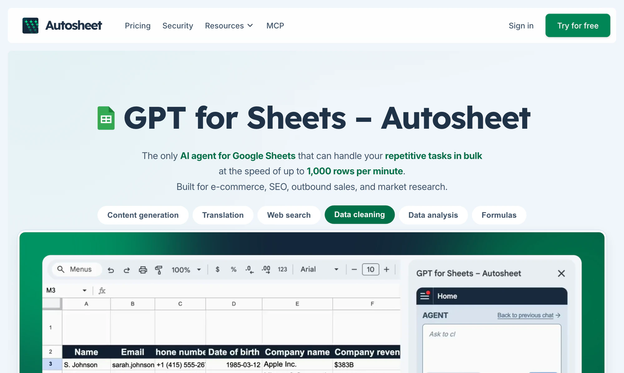 The GPT for Sheets – Autosheet page with its data cleaning demo, a contact list in Google Sheets