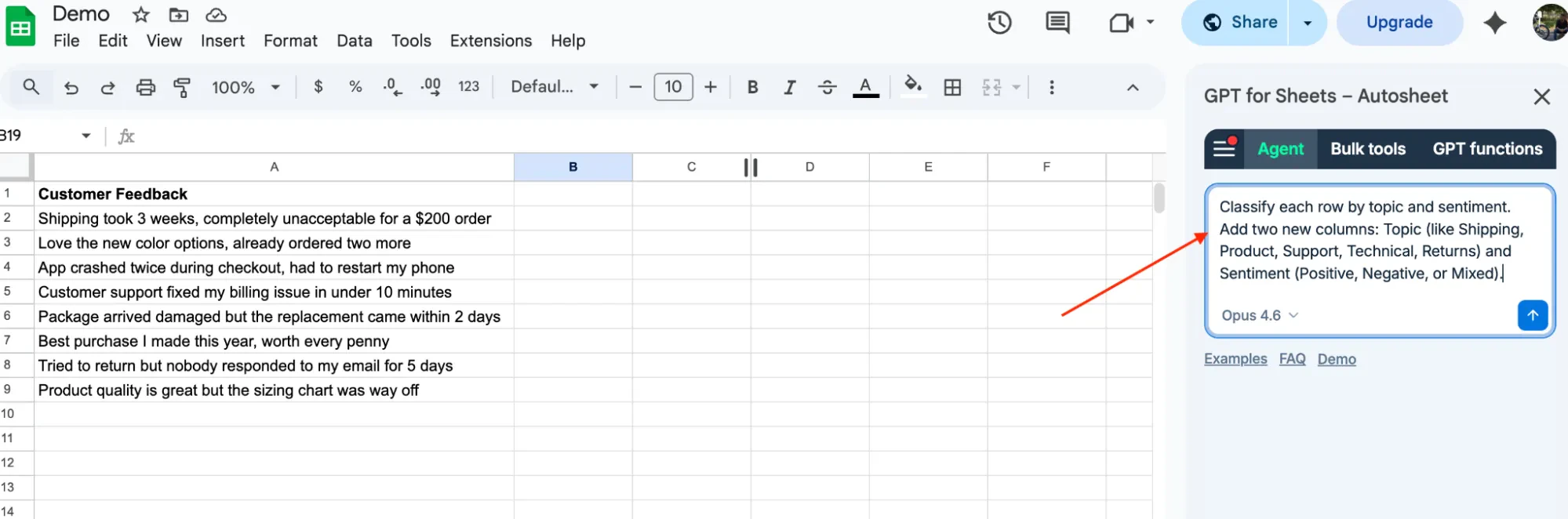 Autosheet agent actions in Excel and Sheets