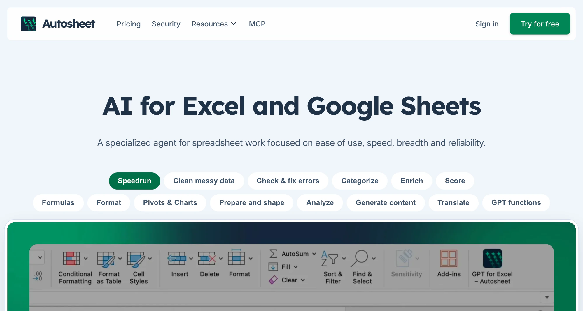 Autosheet homepage with the Excel ribbon showing the GPT for Excel – Autosheet button