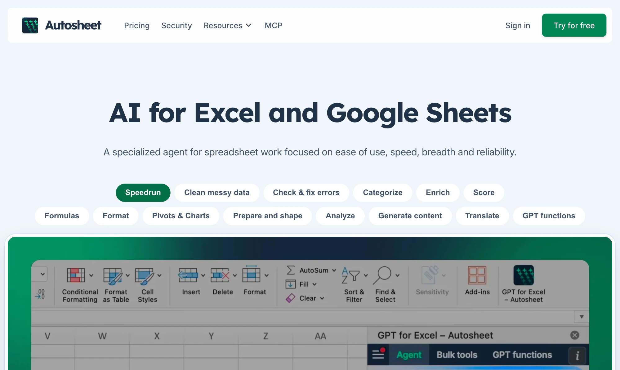 Autosheet AI agent in a spreadsheet for statistical analysis