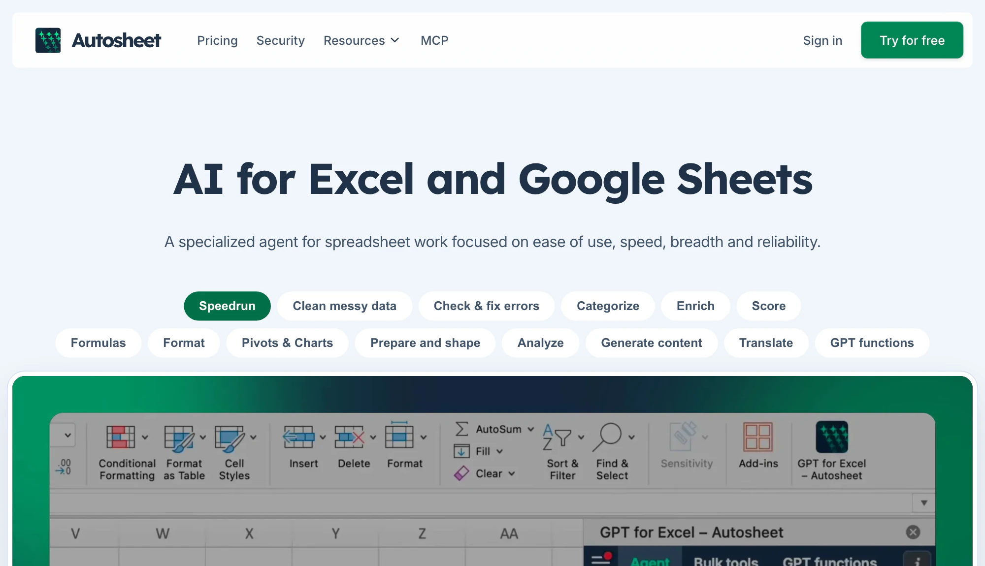 Autosheet homepage presenting AI for Excel and Google Sheets