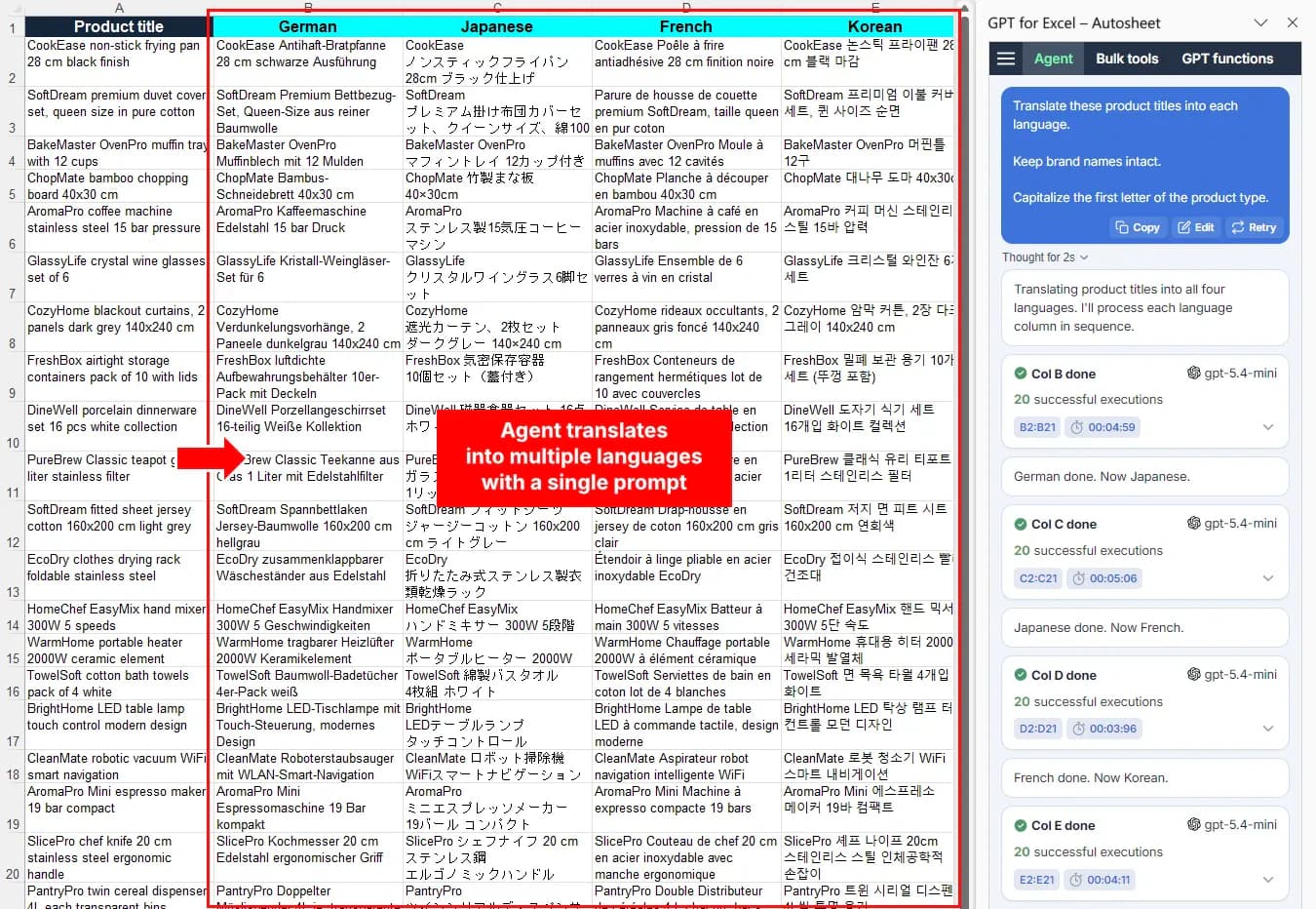 Agent translates source text into multiple target languages in Microsoft Excel