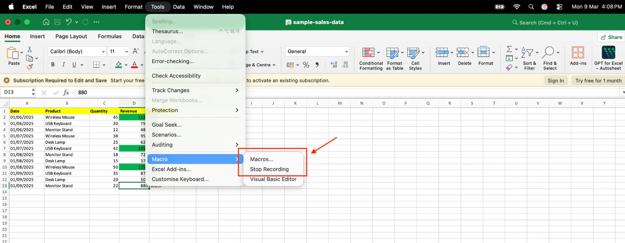 Excel macro recording in progress