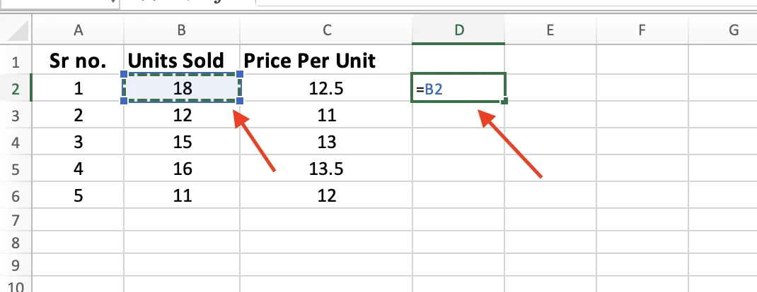 Formula =B2 in cell D2 with cell B2, containing 18, outlined in color