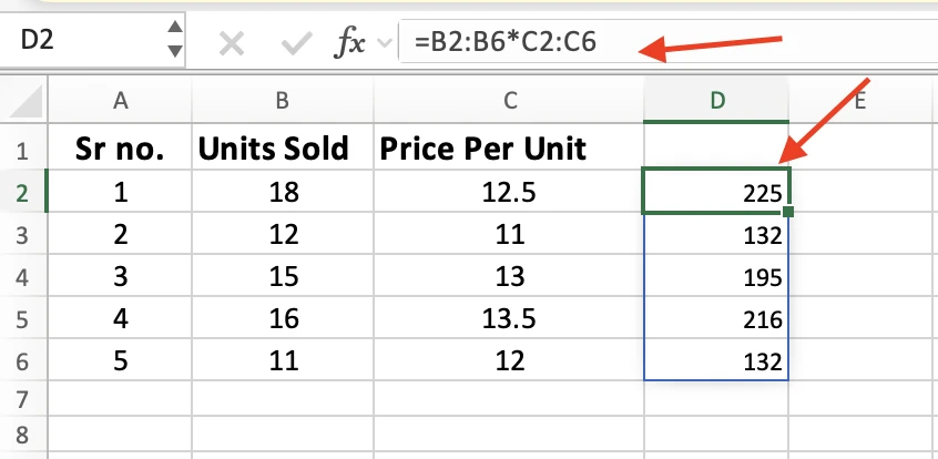 The formula =B2:B6*C2:C6 entered in D2 with the results spilling into D2:D6