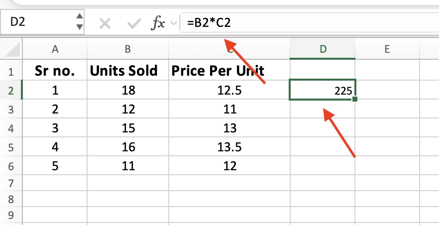 Cell D2 returning 225 from the formula =B2*C2 shown in the formula bar