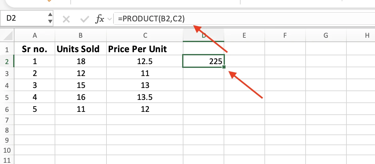 Cell D2 returning 225 with =PRODUCT(B2,C2) in the formula bar