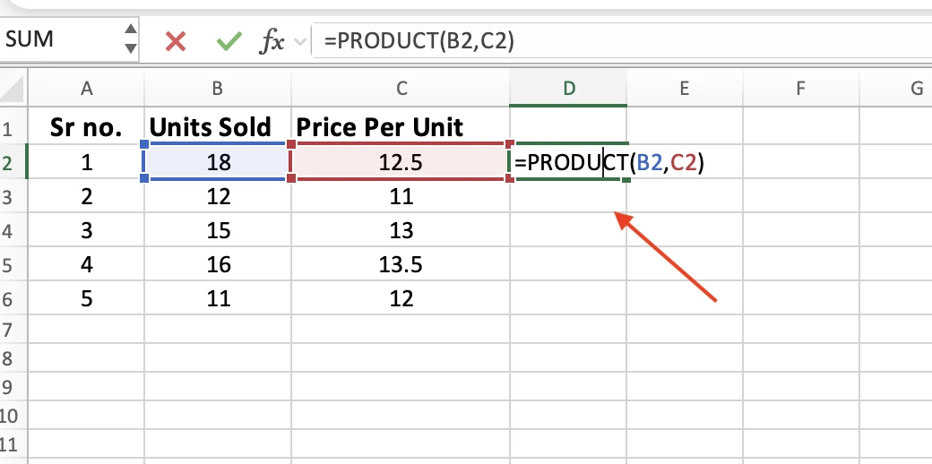 The formula =PRODUCT(B2,C2) in D2 with B2 and C2 outlined in color