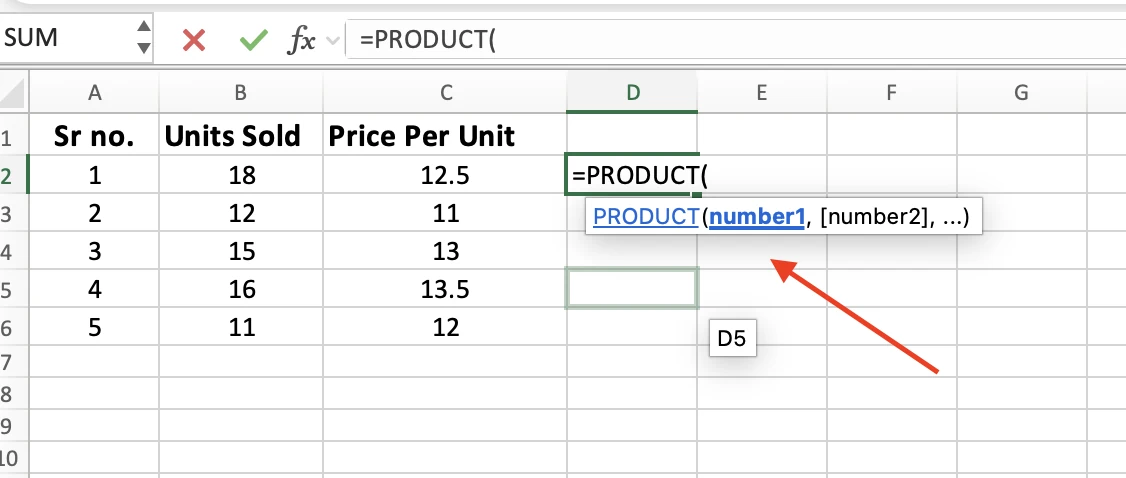 Typing =PRODUCT( in D2 with the tooltip PRODUCT(number1, [number2], ...) shown below