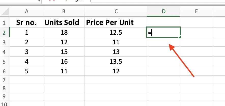 Cell D2 in edit mode with an equals sign typed to start the formula