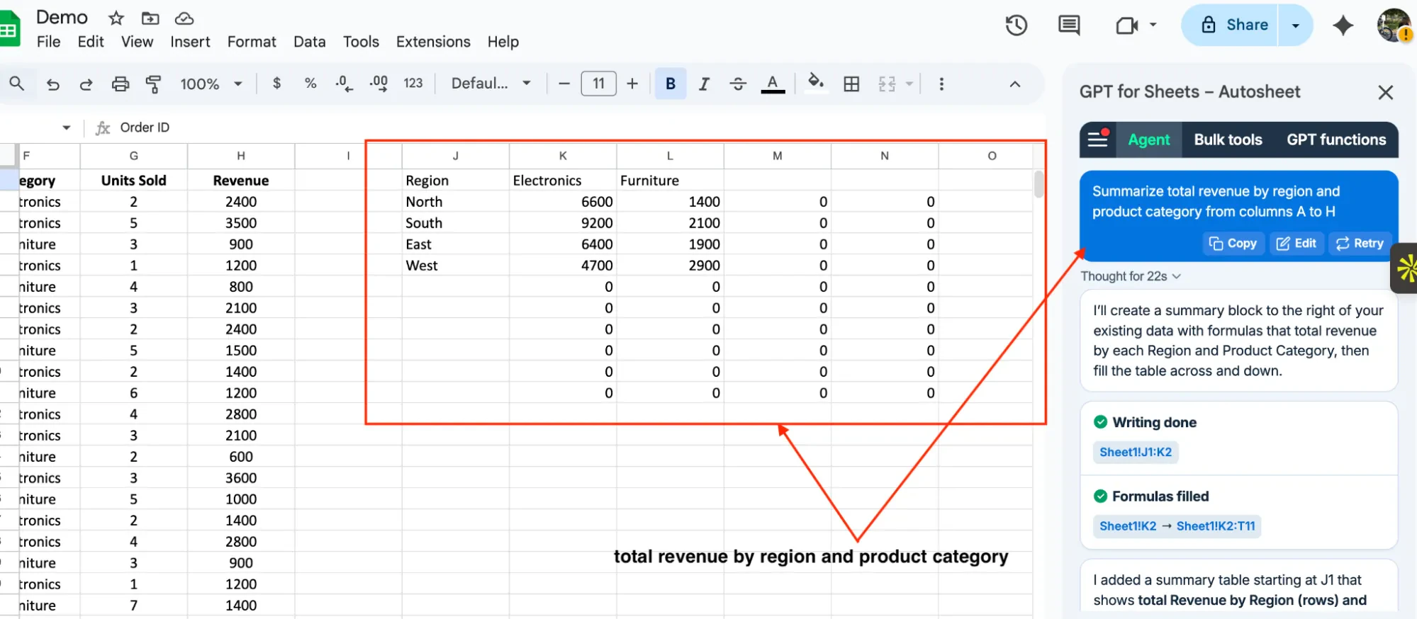 Autosheet prompt to create pivot table summary