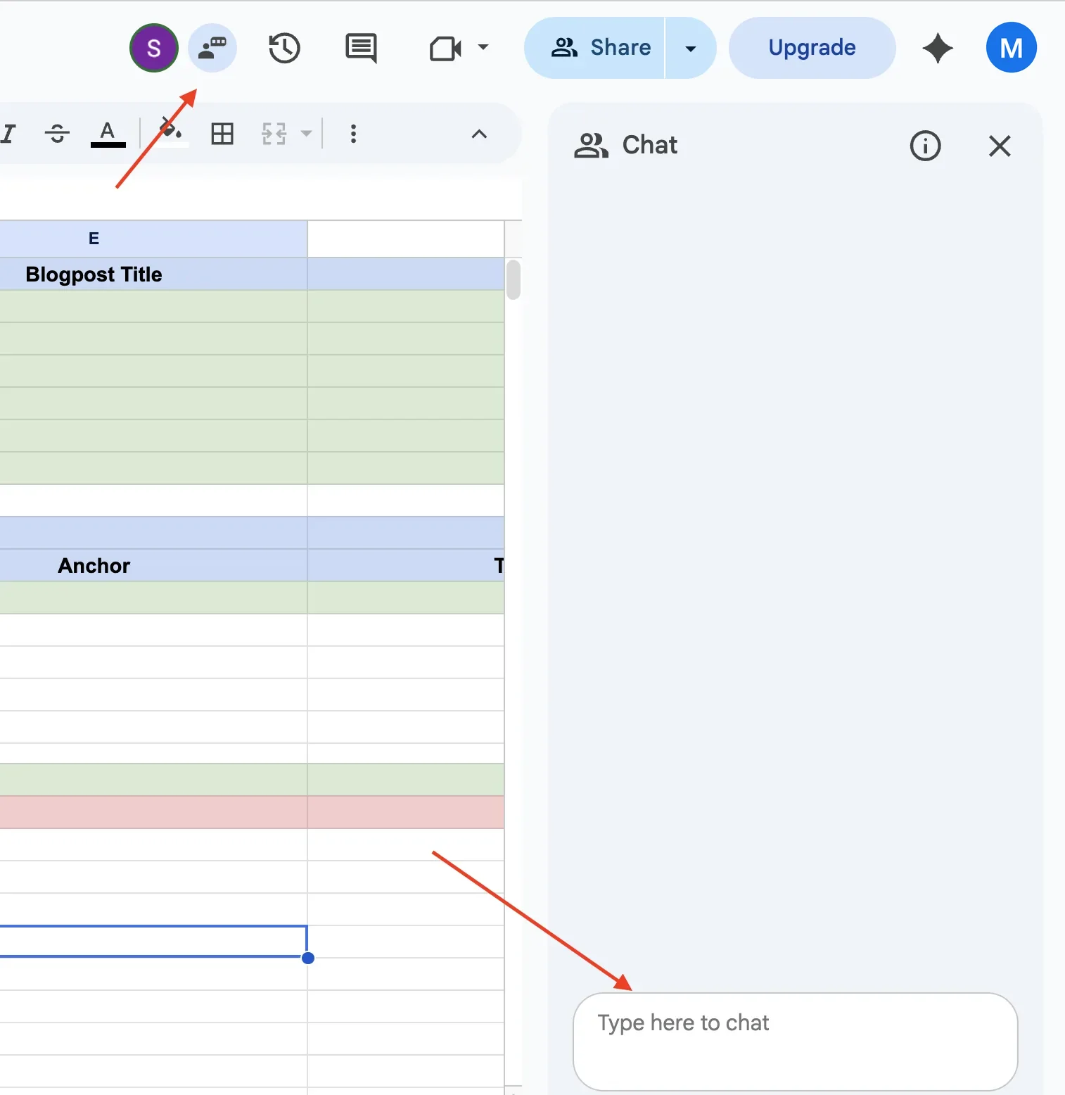 The Show chat button next to a collaborator's avatar in Google Sheets and the chat panel open on the right side of the spreadsheet