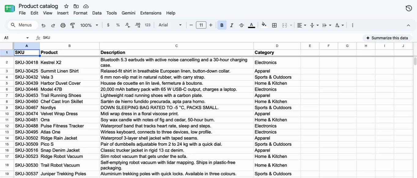 A Google Sheets spreadsheet holding a product catalog with SKU, product, description and category columns