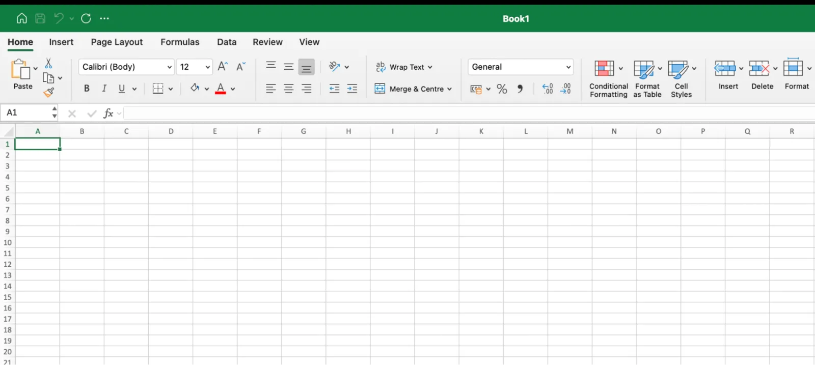 A blank Microsoft Excel workbook with the Home ribbon open