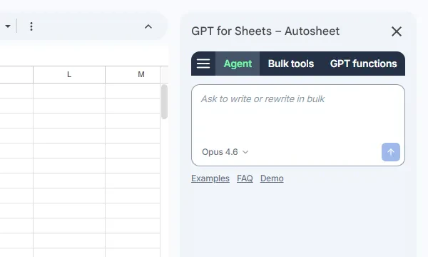 Autosheet sidebar with the Agent