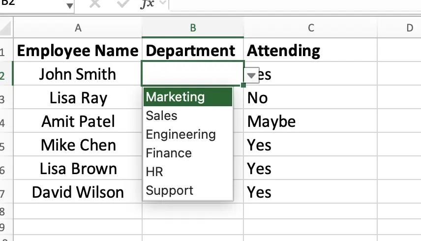 Department dropdown list result