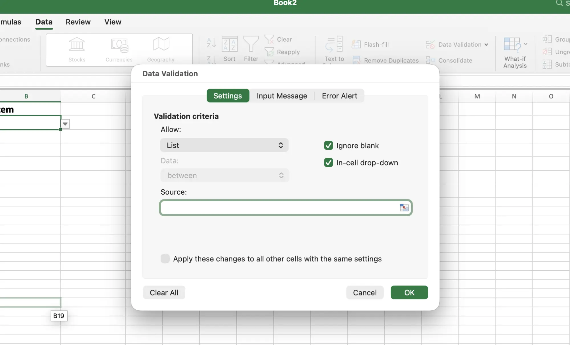 Dependent dropdown list validation