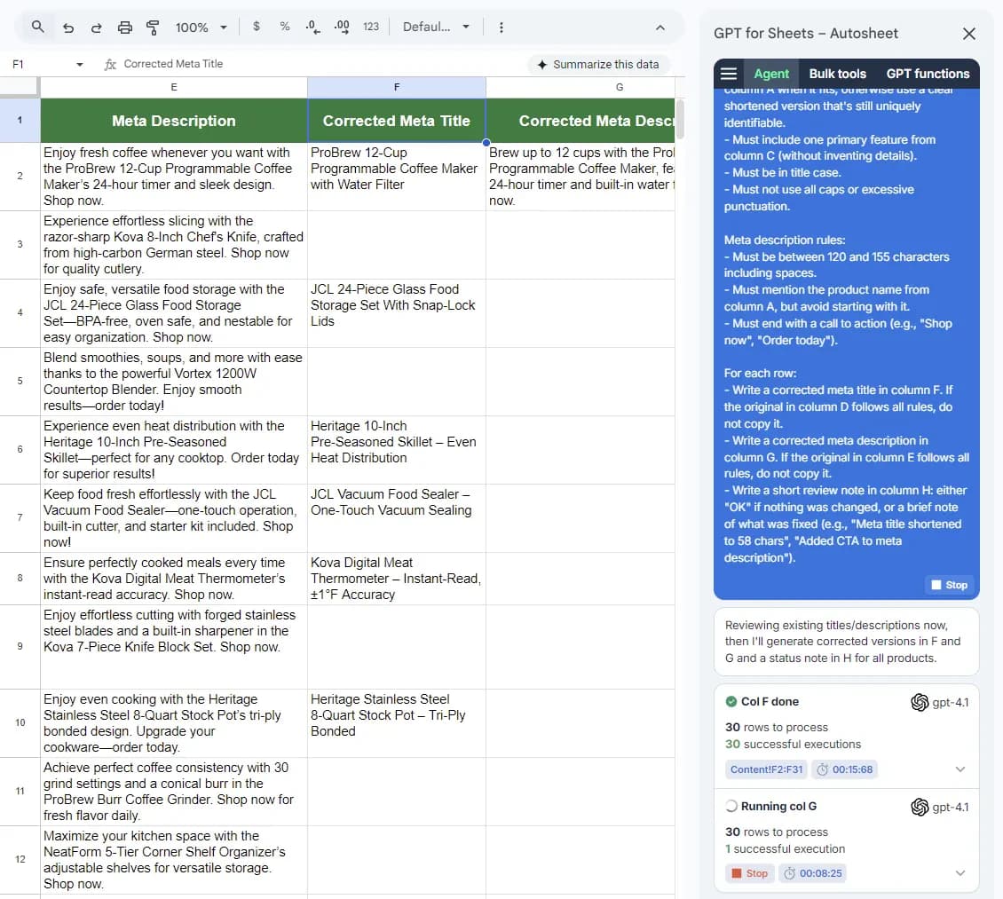 Running the second prompt with Autosheet Agent