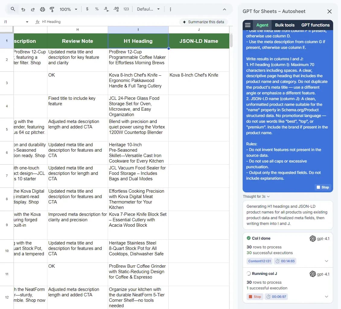 Running the third prompt with Autosheet Agent