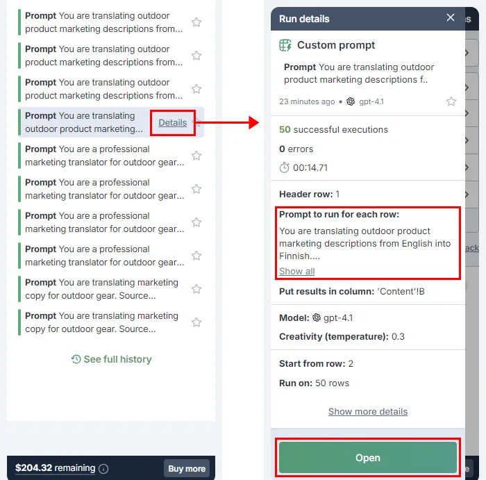 Selecting the Finnish translation bulk tool run from history