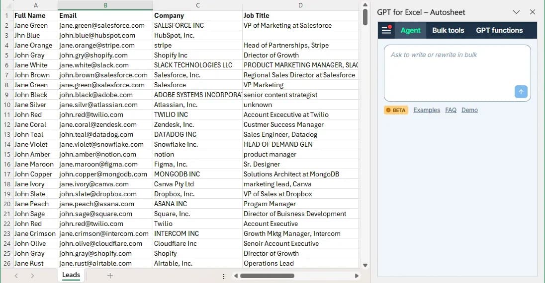 Opening the Autosheet Agent to clean data in Excel