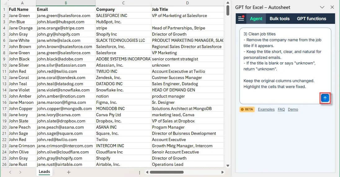 Running an Excel data cleaning prompt with the Autosheet Agent