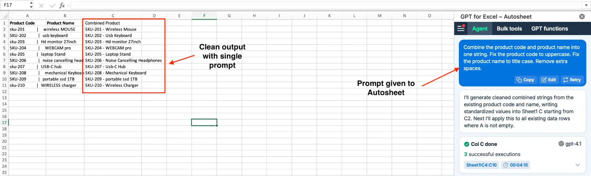Autosheet combining and cleaning columns in one prompt