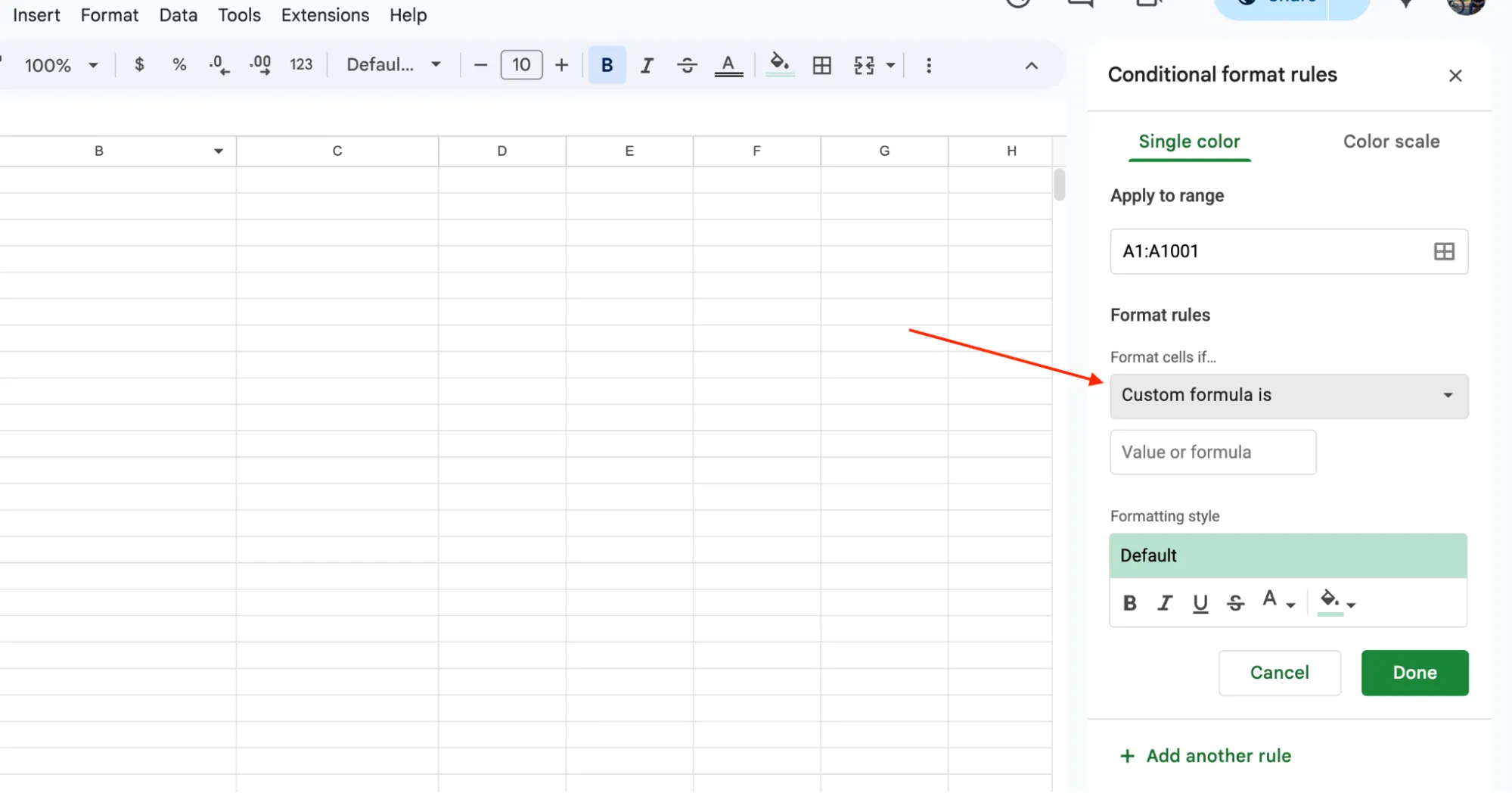 Choosing custom formula for cross-sheet duplicate highlighting