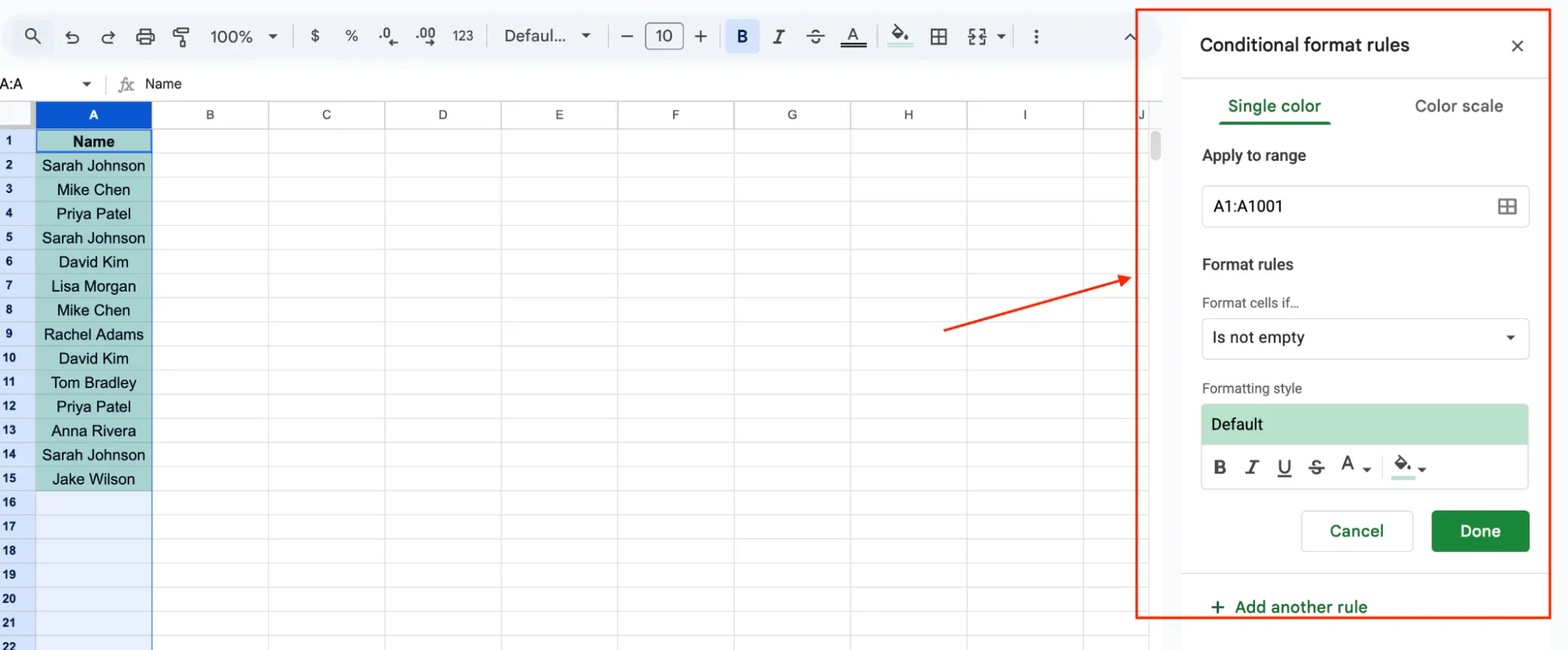 Conditional formatting sidebar open in Google Sheets