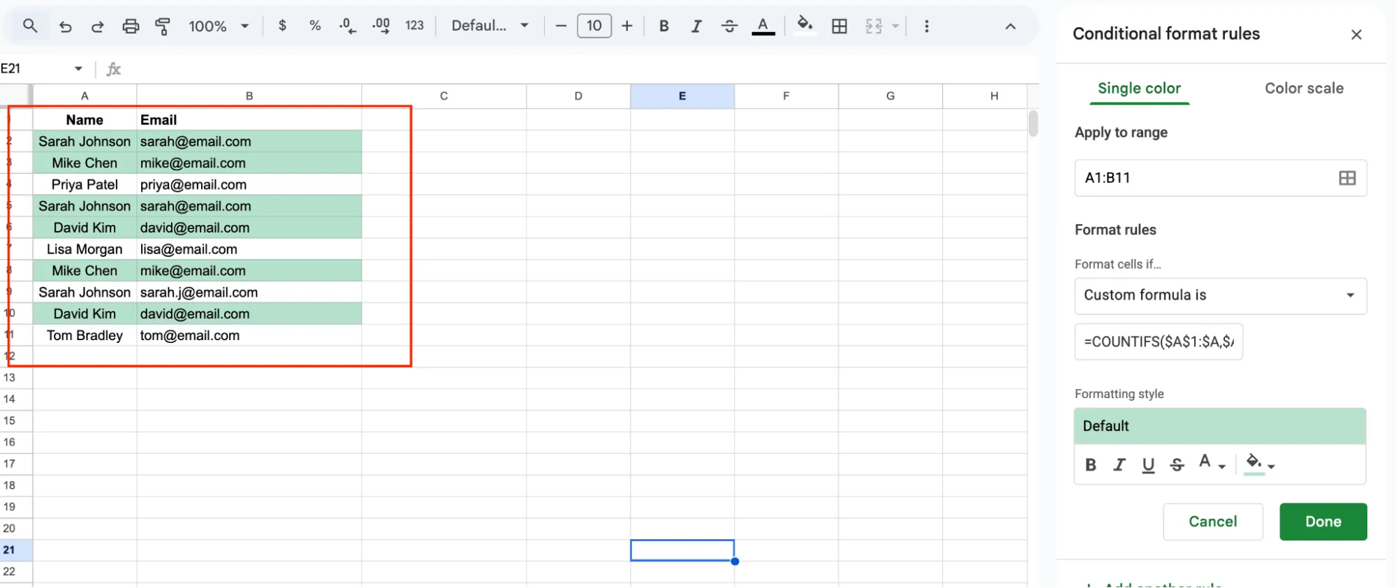 Rows highlighted only when both columns match in Google Sheets