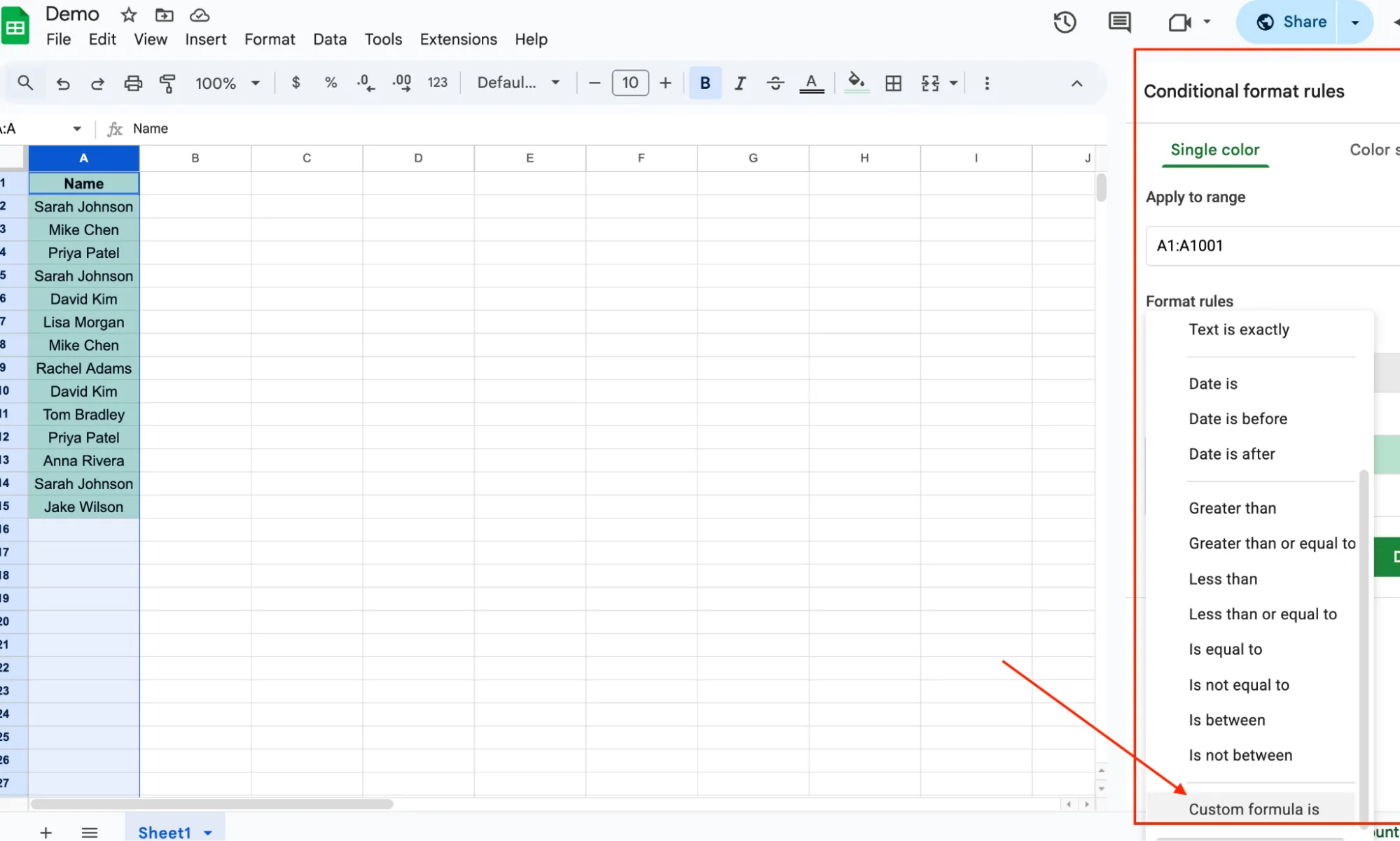 Choosing Custom formula is in Google Sheets conditional formatting