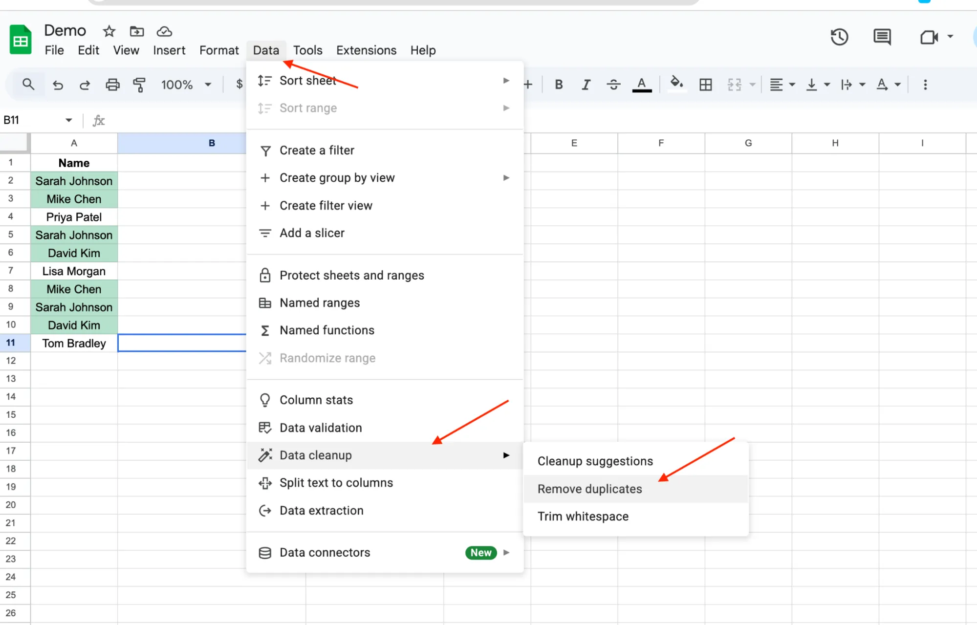 Opening the Remove duplicates tool in Google Sheets