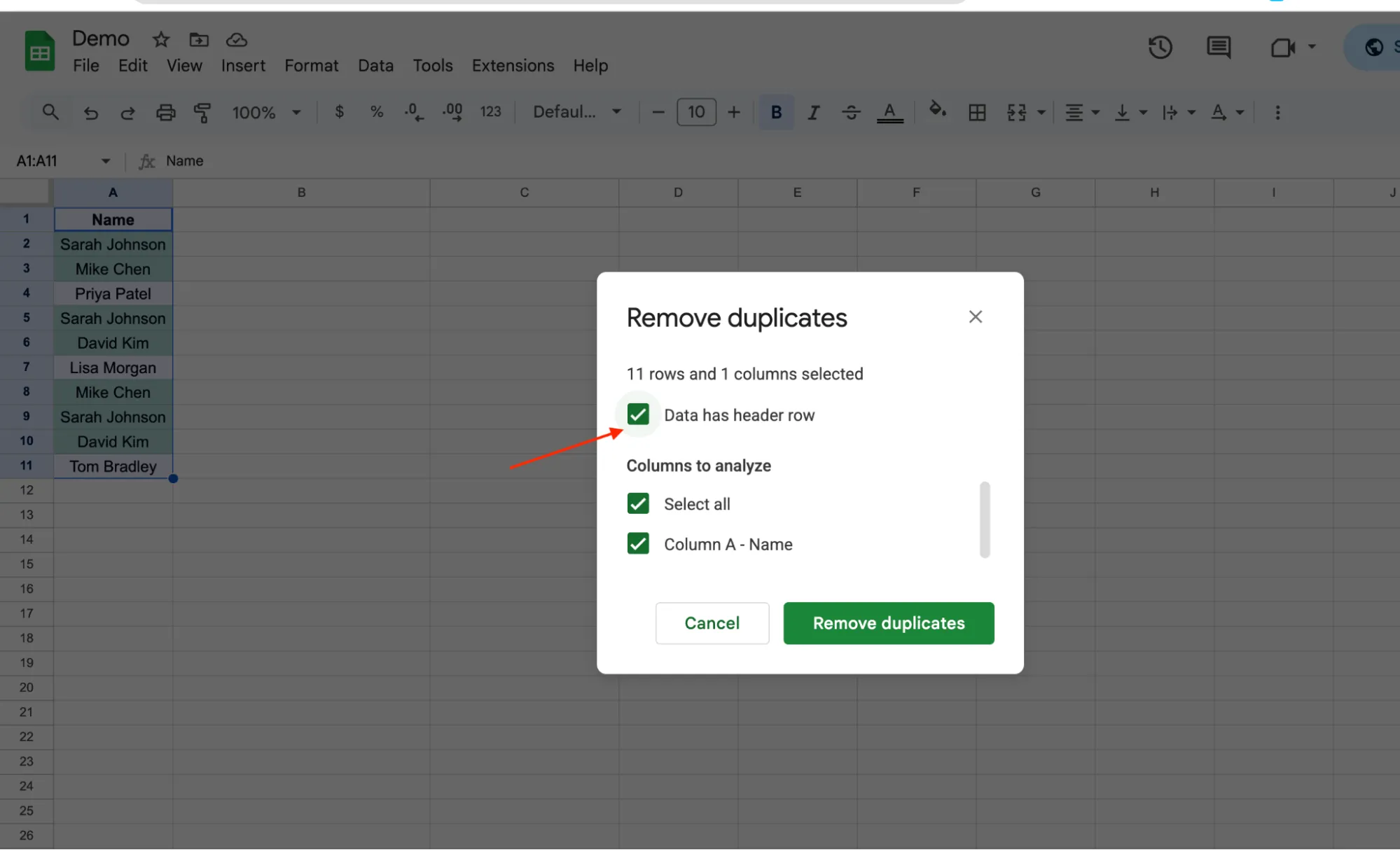 Remove duplicates settings in Google Sheets