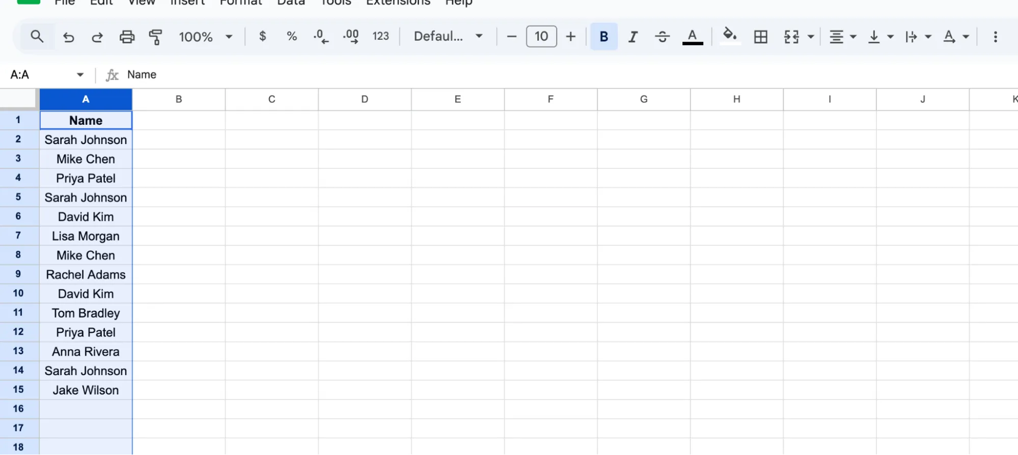 Selecting the column to check for duplicates in Google Sheets