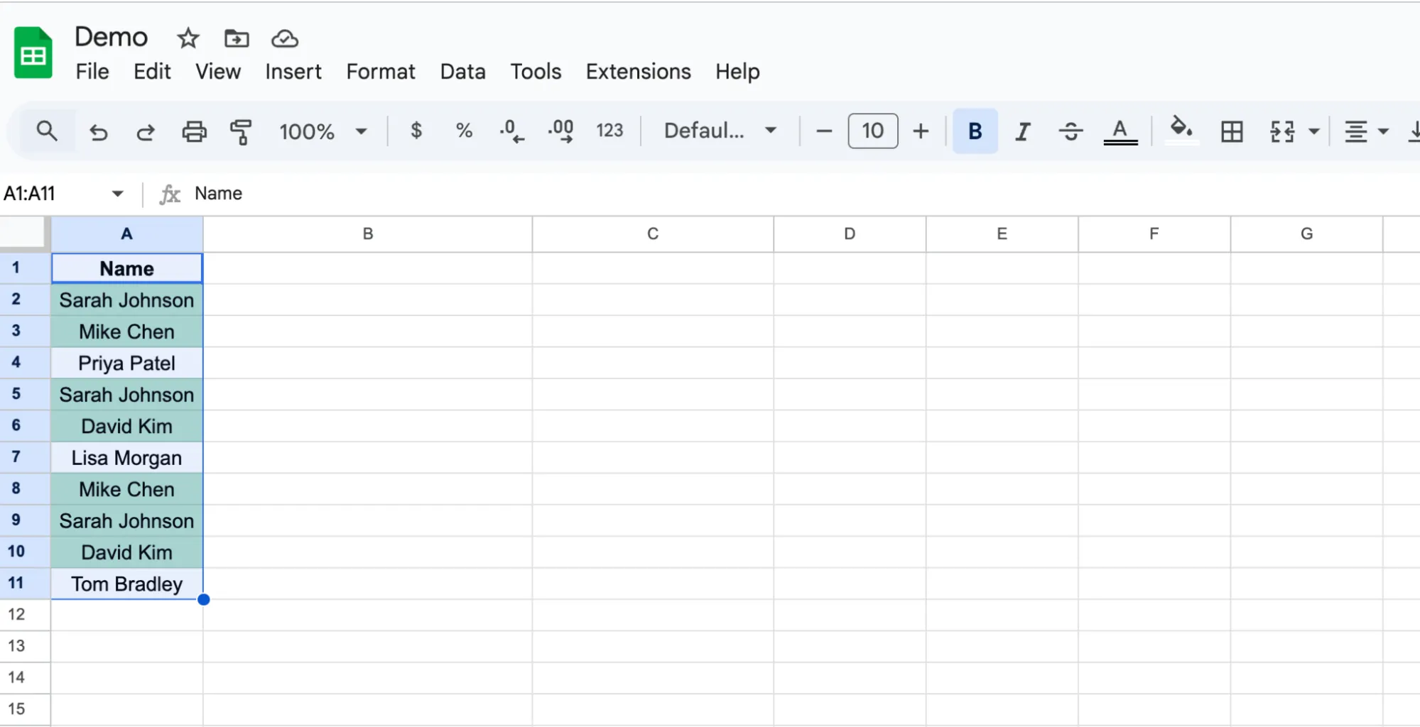 Selecting a data range before removing duplicates in Google Sheets