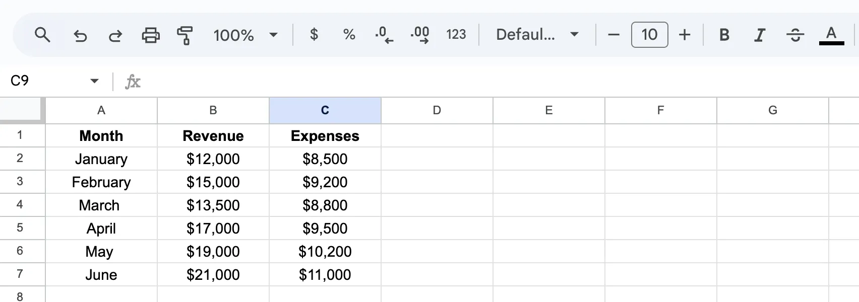 Clean dataset layout for graphs in Google Sheets with labels in column A and numbers in adjacent columns