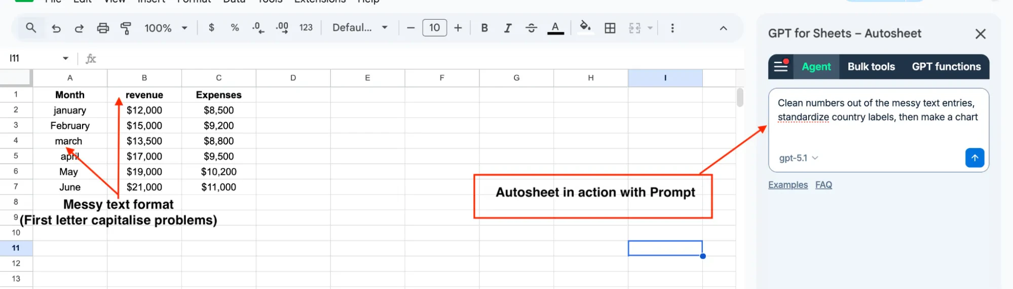 Autosheet AI agent creating charts from natural language prompts